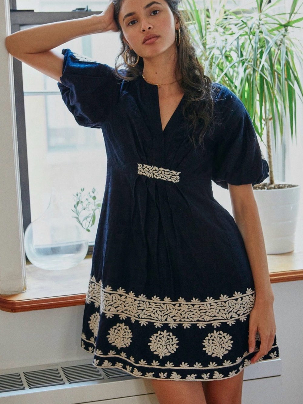 Anthropologie Navy and Cream Embroidered V-Neck Mini Orla Embroidered Dress